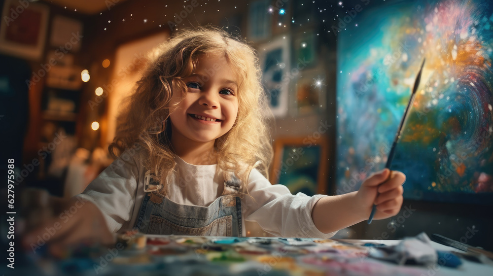 Little girl painter sits at table and draws picture on canvas in art ...