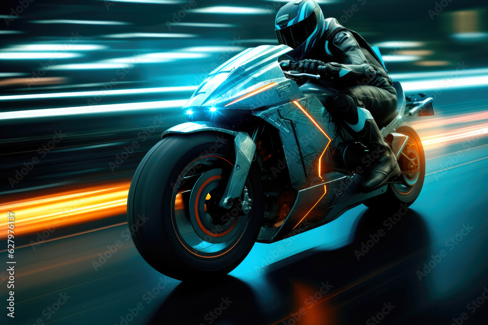 A motion blur of a robot driving a futuristic motorbike. Generative AI