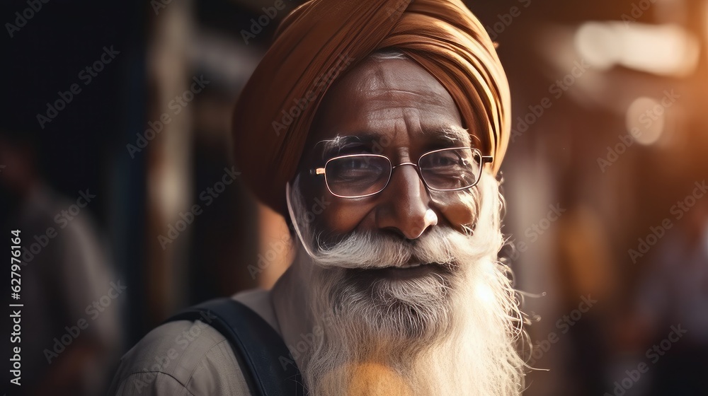 Happy old sikh indian man in pagri headwear portrait walking on street, smiling elderly man wearing turban adherent of Sikhism religion, joyful attractive bearded sikh portrait at street generative AI