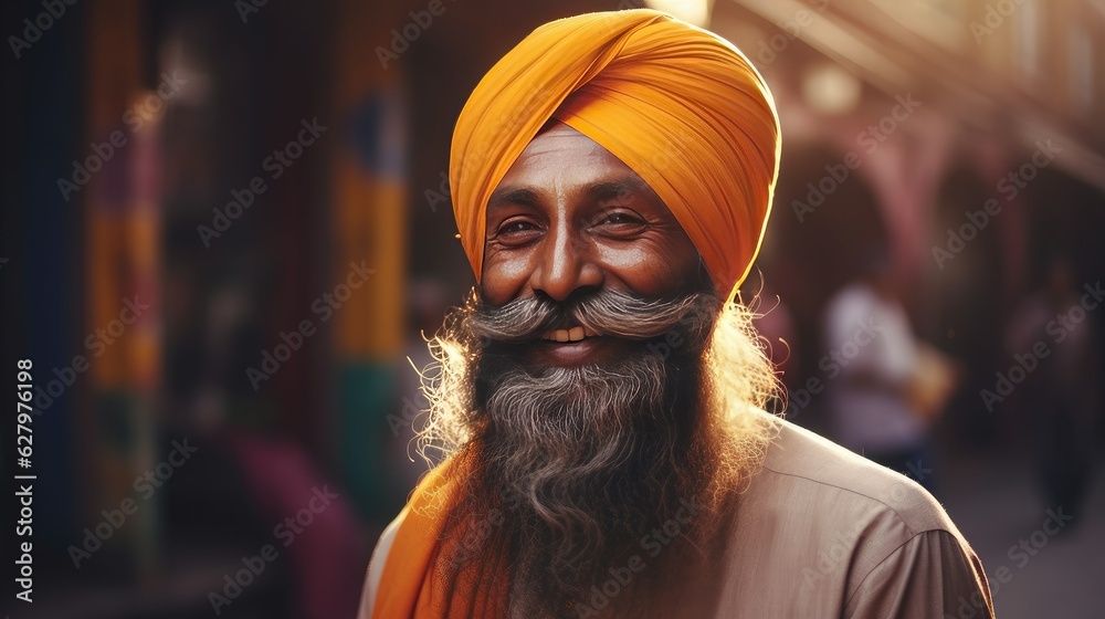 Happy sikh indian man in pagri headwear portrait walking on street, smiling man wearing turban adherent of Sikhism religion, joyful attractive bearded man portrait at India street, generative AI