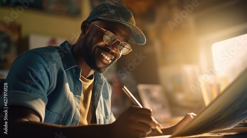 Black man painter sits at table and draws picture on canvas of paper in art studio, happy attractive man artist paints masterpiece picture for sale online, artistic craftsmanship, generative AI