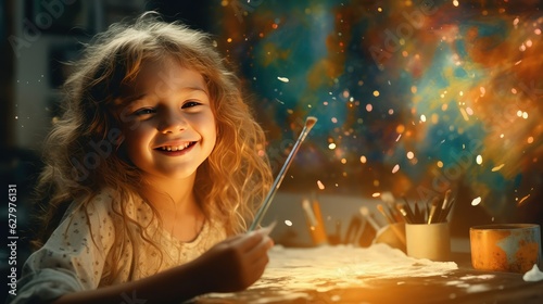 Little girl painter sits at table and draws picture on canvas in art studio multicolored sparkles and bokeh background, happy attractive girl artist paints masterpiece picture, generative AI photo