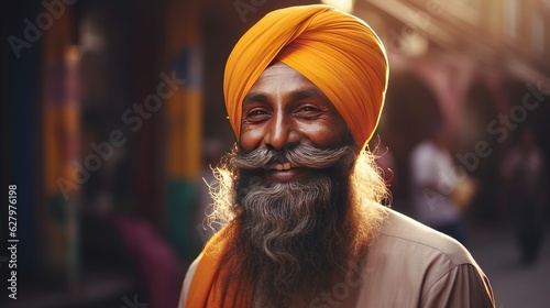 Happy sikh indian man in pagri headwear portrait walking on street, smiling man wearing turban adherent of Sikhism religion, joyful attractive bearded man portrait at India street, generative AI photo