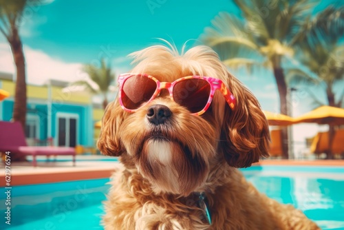 Dog on vacation at swimming pool. © Manyapha