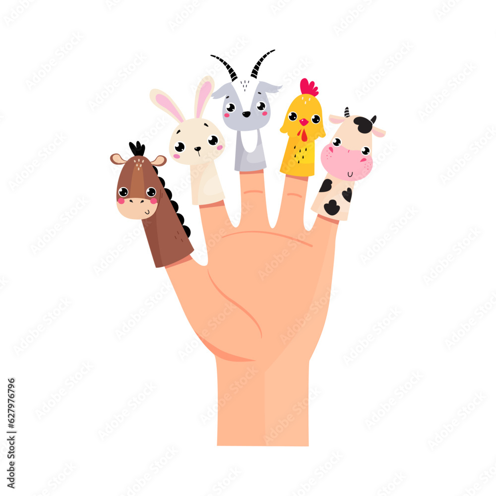 Fototapeta premium Finger Toy and Puppets on Hand Palm Vector Illustration