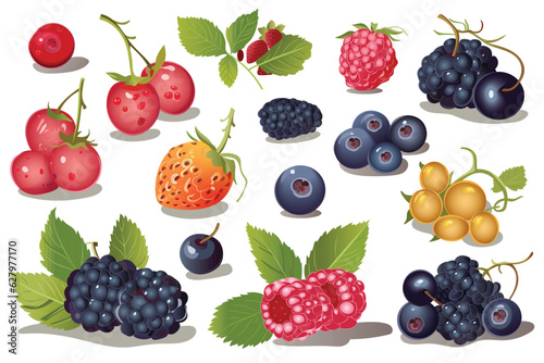 Berries set. Whimsical and colorful cartoon illustration featuring a delightful set of flat-design berries, including strawberries, blueberries, raspberries, and more. Vector illustration.
