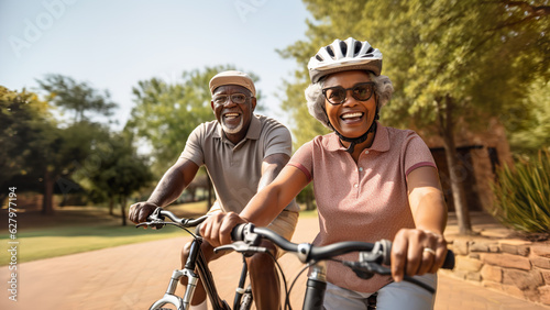 Joyful senior couple riding bicycles in the summer park enjoying their vacation
