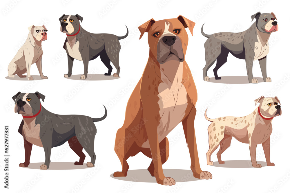 Dogs set. A charming cartoon-inspired design featuring a flat set of dogs. Each dog is uniquely depicted with vibrant colors and playful expressions. Vector illustration.