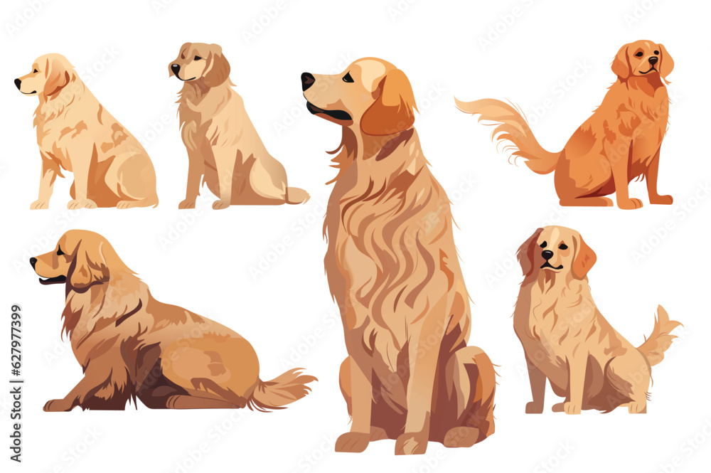 Set of dogs. A whimsical flat design showcasing a set of cartoon dogs. With their adorable features and expressive eyes. Vector illustration.
