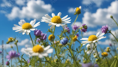 Beautiful flowers chamomile in morning against blue sky with clouds, nature landscape, close-up macro.