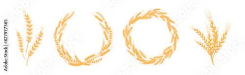 Ear of Wheat or Barley and Wreath as Grain Crop or Cereal Cultivated Grass on Stalk Vector Set