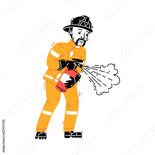 Man Firefighter Character in Helmet and Uniform Spray Fire Extinguisher Vector Illustration