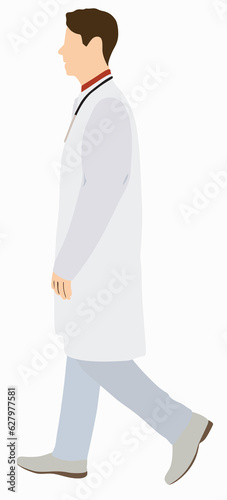 Illustration of male doctor, lab coat, side view.