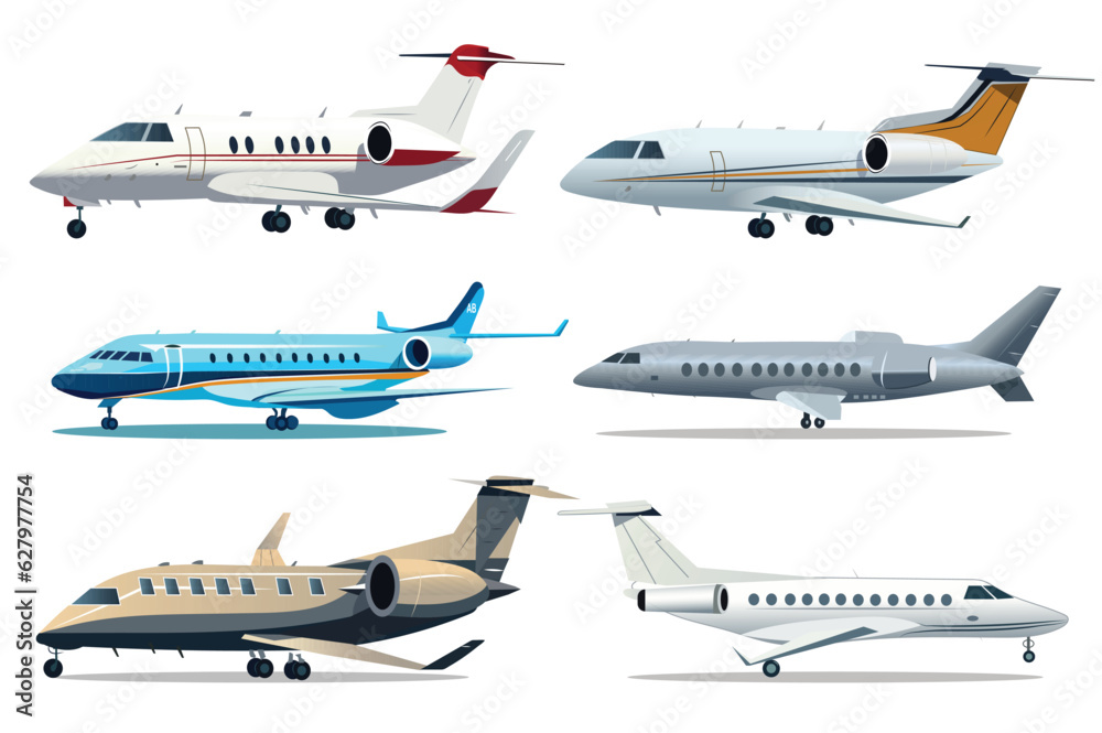 Plane set. A delightful set of cartoon-style flat design illustrations showcasing various planes in action. Vector illustration.