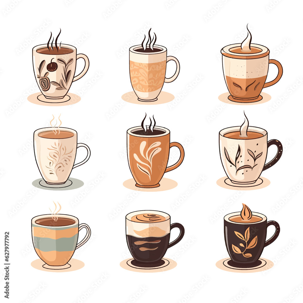 Cup collection of Fresh Coffee. Vector Illustration. Flat Style. Decorative Design for Cafeteria, Posters, Banners, Cards Cup collection of Fresh Coffee. Vector Illustration. Flat Style. Decorative Design for Cafeteria, Posters, Banners, Cards