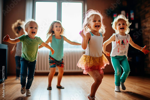 group of kids having fun jumping happily in a beautiful room