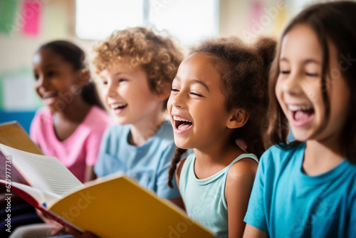 group of children having fun learning happily in the classroom