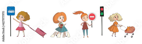 Little Girl Pedestrian Learning Road Sign and Traffic Rule Vector Set