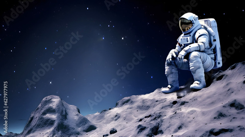 Spaceman or astronaut sitting on the rock at moon.