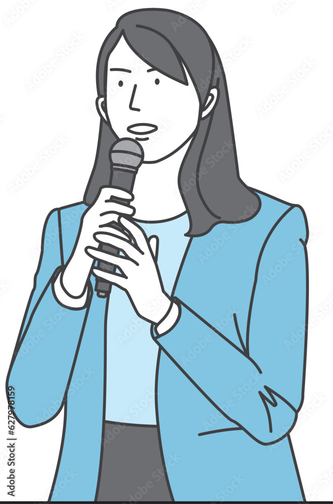 Woman in collarless jacket holding microphone and speaking Woman in collarless jacket holding microphone and speaking