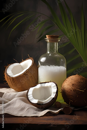 Real coconut, coconut leave and coconut oil in bottle