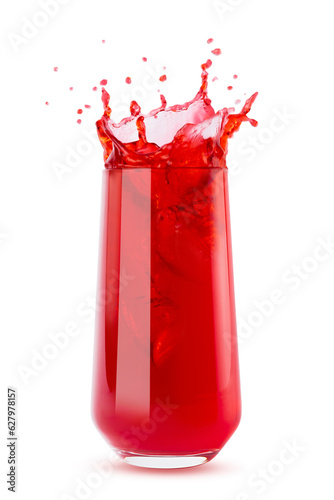 Berry red fresh juice in glass with bright colorful splashes, flying drops and swirl isolated on white background. Summer refreshing sweet vegetarian beverage.