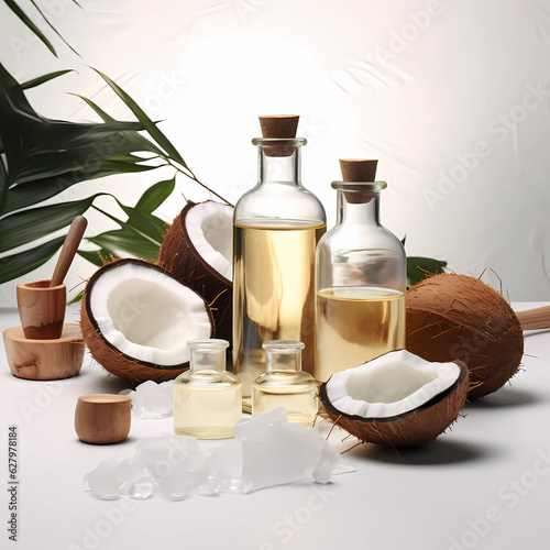 Coconut oil on the table and coconuts with a bottle of coconut oil extraction