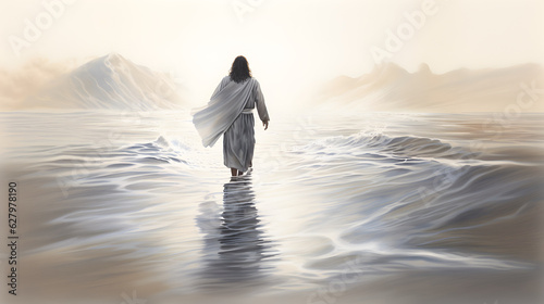 Back view of Jesus Christ walking on water