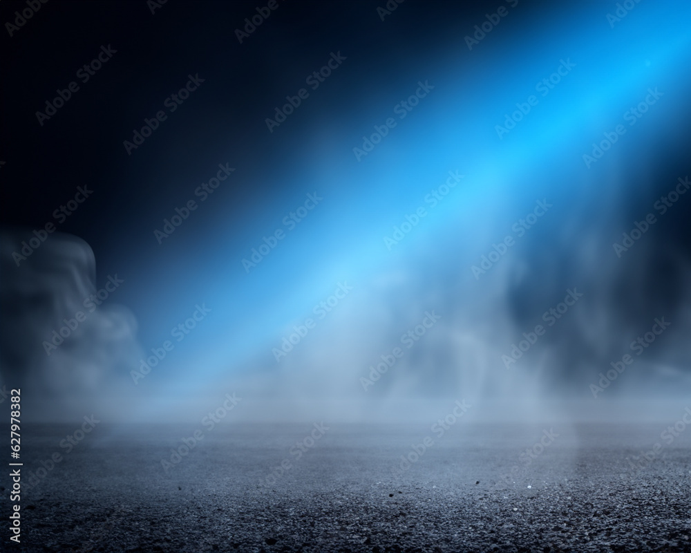 Dark empty scene, blue neon searchlight light wet asphalt, smoke, night view, rays. MADE OF AI
