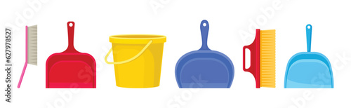 Brush, Bucket and Dustpan as Household Cleaning Equipments Vector Set