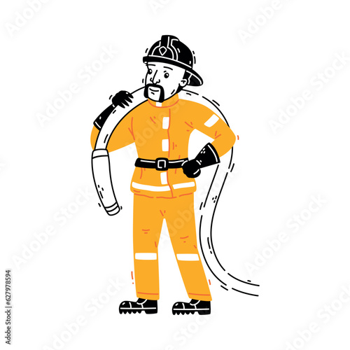 Man Firefighter Character in Helmet and Uniform Standing with Hose Vector Illustration
