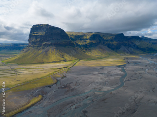 Aerial top view of mountains in Iceland islands in the summer season, Europe hills, nature landscape background.