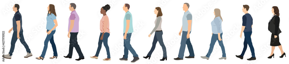 Set of people walking in row side view.