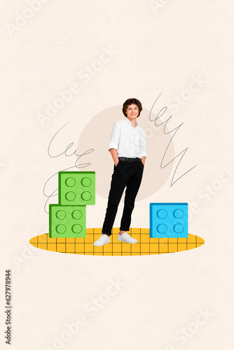3d retro abstract creative artwork template collage of teenager smart kid schoolboy blocks build attention training solve task puzzle