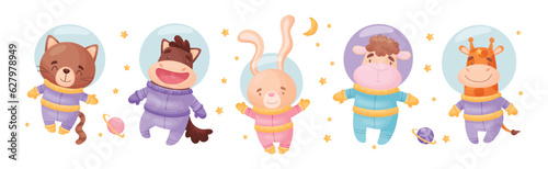 Funny Animals Wearing Astronaut Costumes or Spacesuit Floating in Space Vector Set