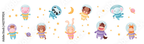 Funny Animals Wearing Astronaut Costumes or Spacesuit Floating in Space Vector Set