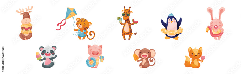 Obraz premium Cute Animal at Seaside at Summer Having Rest Vector Set