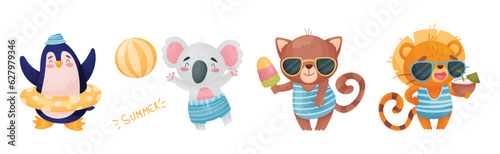 Cute Animal at Seaside at Summer Having Rest Vector Set