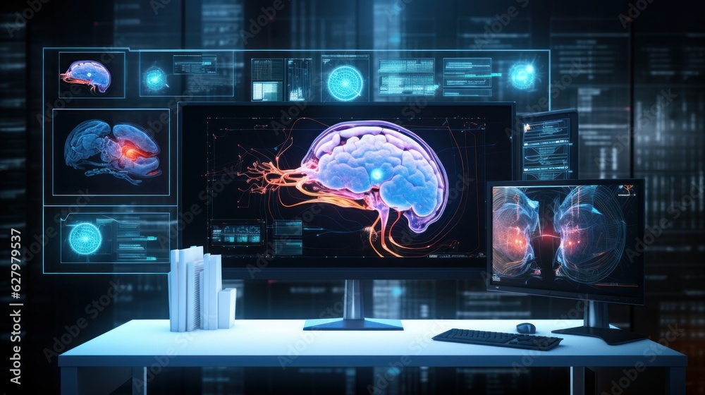 Analyse Patient MRI Scan on Computer Screen, Diagnose Brain, Brain Surgery Concept. Generative Ai Analyse Patient MRI Scan on Computer Screen, Diagnose Brain, Brain Surgery Concept. Generative Ai