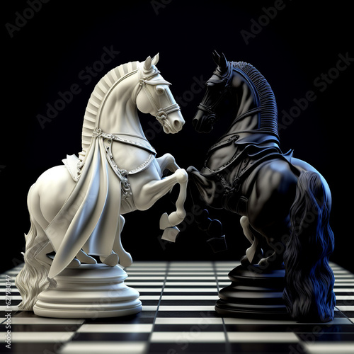 Unusual chess pieces. On the chessboard. Beautiful background. Handmade.