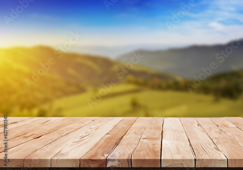 Empty wooden table and beautiful landscape on background MADE OF AI