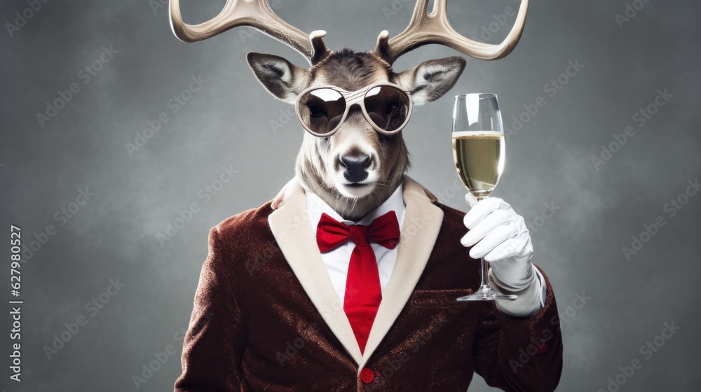 Reindeer Holding Glasses of Champagne, Merry Christmas and Happy New Year Background. Generative Ai Reindeer Holding Glasses of Champagne, Merry Christmas and Happy New Year Background. Generative Ai