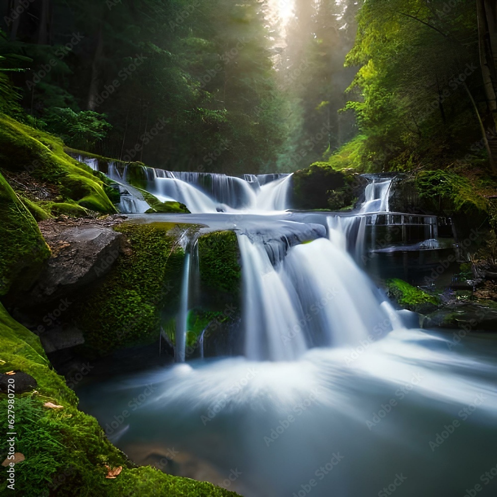 Obraz premium Sunlight hitting on waterfall in the forest | AI Generative