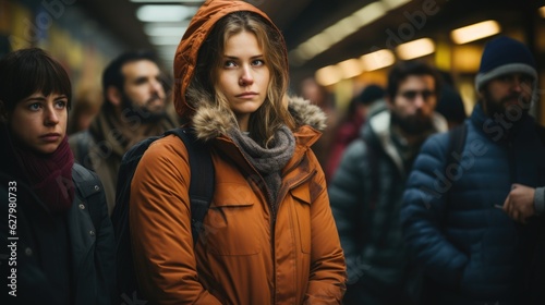 Generative AI - Commuter's Dilemma: Tired, Annoyed, and Frustrated Passengers in Queue at the Train Station, Dealing with Delays and Train Cancellations