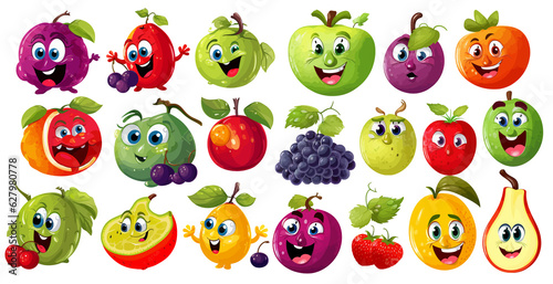 Funny cartoon smiley fruit vegetables food vector icon collection, apple watermelon grape banana strawberry © Alen
