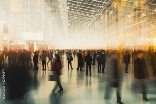 Blurred image of business people walking in modern office building. Abstract blurred background  ai generative