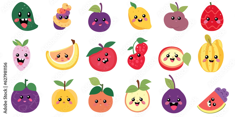 Set of colorful cartoon smiling fruit icons apple pear strawberry banana watermelon pineapple orange peach plum papaya lemon mango grape cherry kiwi vector illustration Set of colorful cartoon smiling fruit icons apple pear strawberry banana watermelon pineapple orange peach plum papaya lemon mango grape cherry kiwi vector illustration