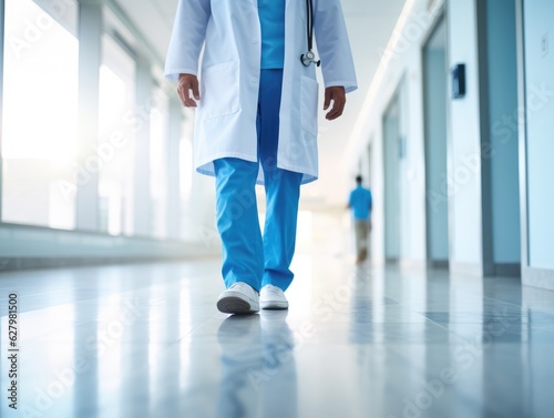 A male doctor walking down a hospital hallway. Generative AI. © Natalia