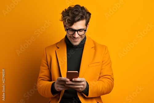 man with glasses texting orange background