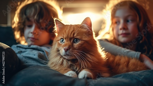 Two children and a cat laying on a couch. Generative AI.